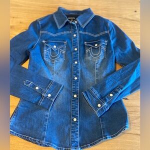 True Religion Western Button Down Stretch Denim Shirt Blue Women’s small NWT